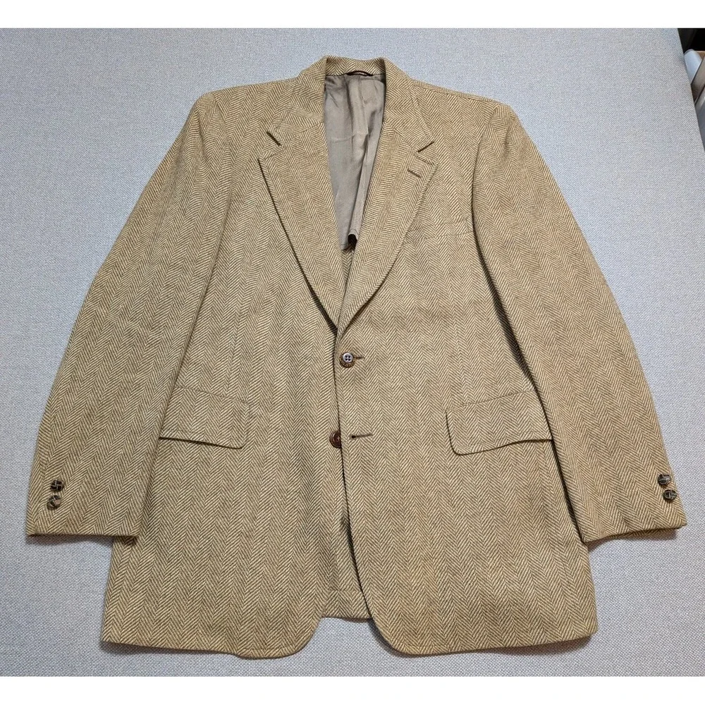 Hart Schaffner Marx Men's 42R Tweed Blazer Tan Herringbone Wool Suit Coat Jacket